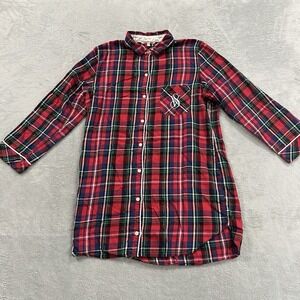 VIctoria's Secret Pajama Button Shirt Maxi Women S Red Pink Plaid Long Sleeve